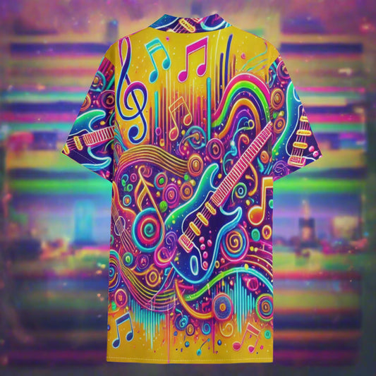 musical guitar music festival Hawaiian shirt gold pink blue