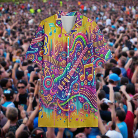 Musical Guitar Hawaiian Shirt for Music Festivals gold blue pink